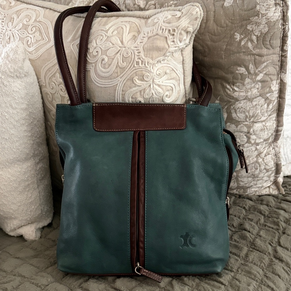 Green Leather Tote Bag with Brown Accents